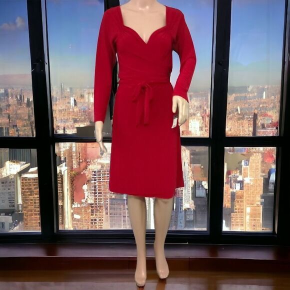 Norma Kamali Sweetheart Dress M True Wrap Red Slinky Knit Long Sleeve NEW Flowy. - Picture 14 of 16